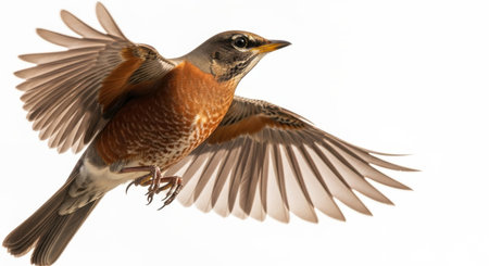 Illustration of american robin in flight isolated on white background, wings spread wideの素材