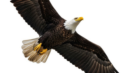 Illustration of bald eagle flying isolated on white background, majestic bird of preyの素材