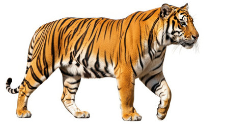 Illustration of majestic tiger walking isolated on white background in full body shotの素材