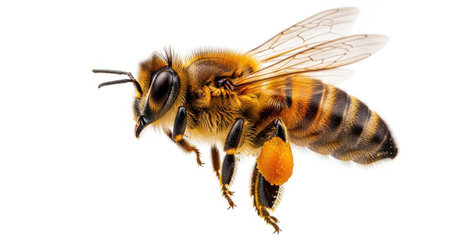 Illustration of honey bee isolated on white background, full of pollen, close up shotの素材