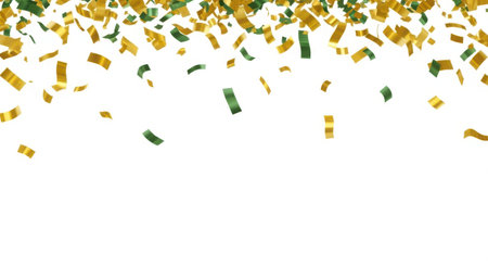 Illustration of gold and green confetti falling isolated on white background, celebrationの素材
