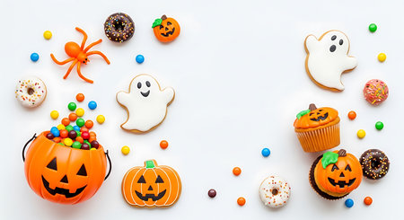 Illustration of halloween candy and decorations on white background, isolated on white backgroundの素材