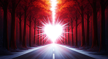 Illustration of heartshaped light at the end of a road lined with trees in red tonesの素材