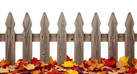 Illustration of autumn leaves in front of a wooden fence isolated on white backgroundの素材