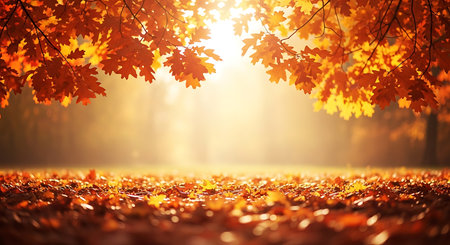 Illustration of autumn leaves on the ground with sunlight shining through the treesの素材