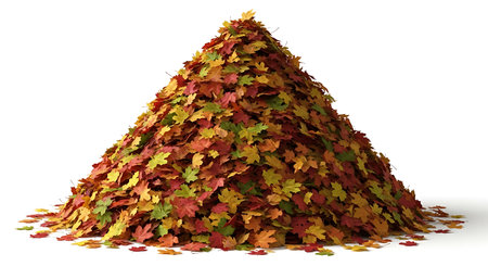 Illustration of pile of colorful autumn leaves, isolated on white backgroundの素材