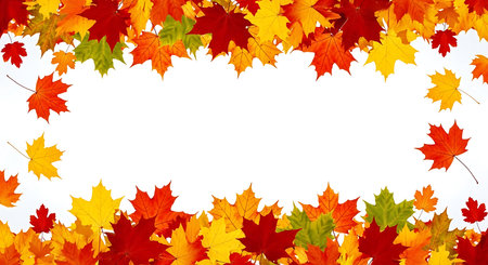 Illustration of colorful autumn leaves frame isolated on white background with copy spaceの素材