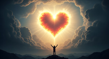 Illustration of silhouette of a man raising his arms towards a heart shaped cloudの素材