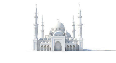 Illustration of white mosque isolated on white background with minarets and domesの素材