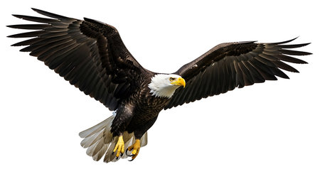 Illustration of bald eagle flying, wings spread wide, isolated on white background, majesticの素材