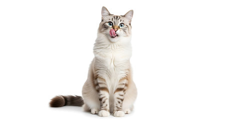 Illustration of cute cat licking its nose isolated on white backgroundの素材