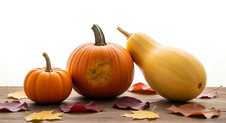 Illustration of pumpkins and squash on wooden surface isolated on white backgroundの素材
