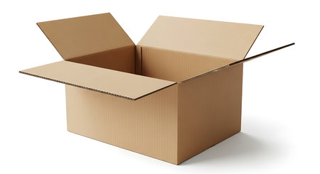 Illustration of open cardboard box isolated on white background, ready for shipping itemsの素材