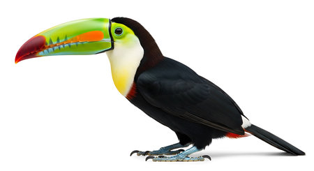 Illustration of colorful keelbilled toucan isolated on white background standing in profileの素材