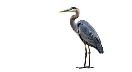 Illustration of great blue heron standing isolated on white background, side viewの素材