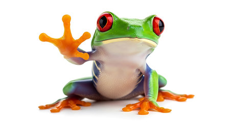 Illustration of red eyed tree frog waving isolated on white background, close up viewの素材