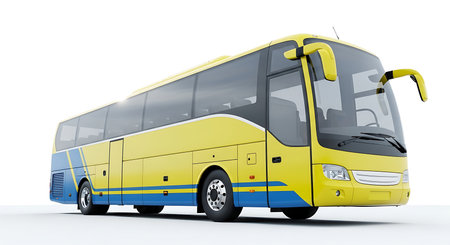 Illustration of yellow tour bus isolated on white background, side view, studio shotの素材