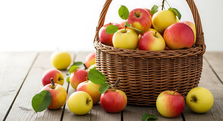 Illustration of fresh apples in a basket on wooden table, healthy food and fruit conceptの素材
