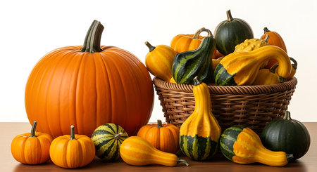 Illustration of variety of colorful gourds and pumpkins in basket on wooden tableの素材