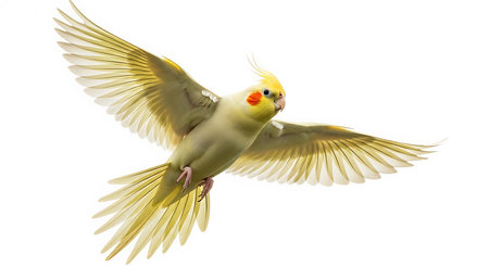 Illustration of a beautiful cockatiel flying isolated on white background with its wings spreadの素材