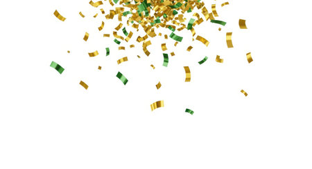 Illustration of falling gold and green confetti isolated on white background in studio shotの素材