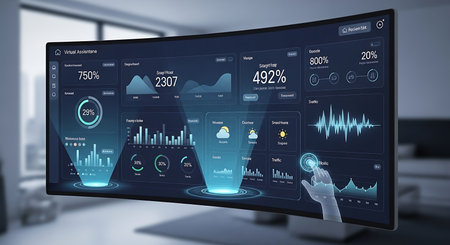Illustration of curved monitor displaying financial data with holographic touch interfaceの素材