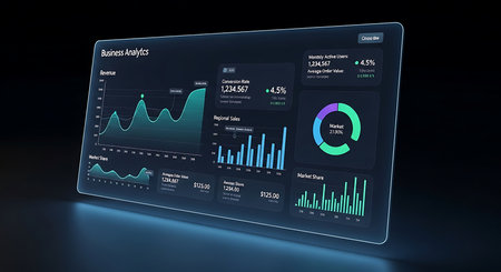 Illustration of modern dashboard with data analytics, charts, and graphs on transparent screenの素材