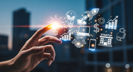 Illustration of hand touching virtual startup icons, representing business and innovationの素材