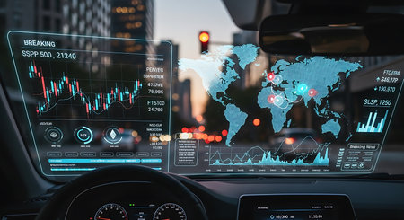 Illustration of futuristic car dashboard with holographic display showing global market dataの素材