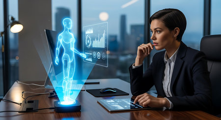 Illustration of businesswoman analyzing holographic human body data in a modern officeの素材