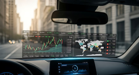 Illustration of futuristic car with digital dashboard displaying stock market and world mapの素材