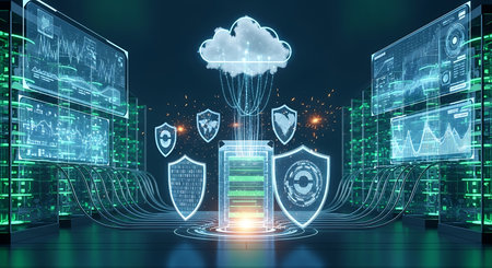 Illustration of cloud computing security system with shield protection and data storageの素材
