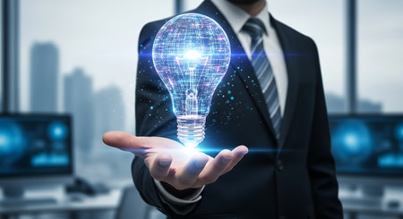 Illustration of businessman holding digital light bulb for creative idea innovation conceptの素材