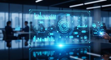 Illustration of futuristic interface with data analysis on screen in modern officeの素材
