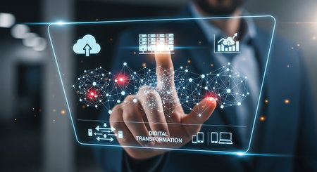 Illustration of businessman touching virtual screen with cloud and server for digital transformationの素材