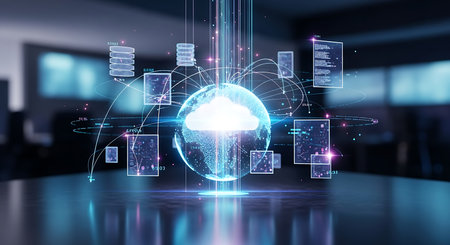 Illustration of cloud computing hologram in modern office conference room with city viewの素材