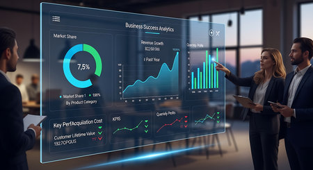 Illustration of business team analyzing financial data on transparent holographic displayの素材