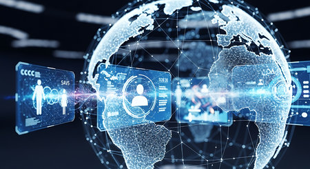 Illustration of global network connection and data exchange with digital technology conceptの素材