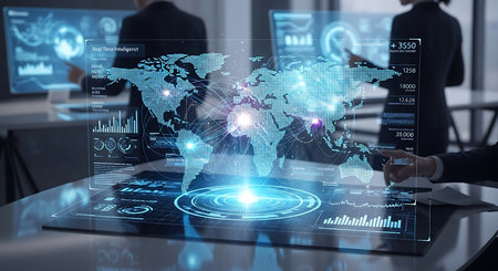 Illustration of business team collaborating on global data analysis with holographic interfaceの素材