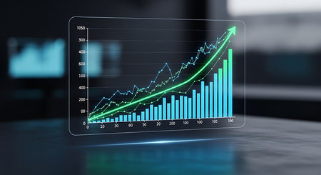 Illustration of financial chart with green arrow showing growth and success on screenの素材