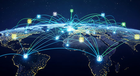 Illustration of global network connection with world map and digital technology icons overlayの素材