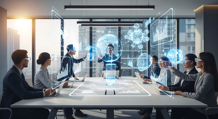 Illustration of business team collaborating on a futuristic interface in a conference roomの素材