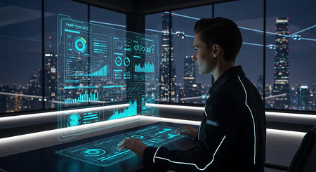 Illustration of businesswoman analyzing financial data on a futuristic digital interfaceの素材