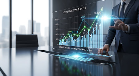 Illustration of businessman analyzing financial data on a futuristic transparent screenの素材