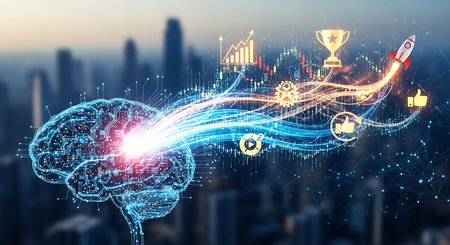 Illustration of creative brain with business success icons, artificial intelligence conceptの素材