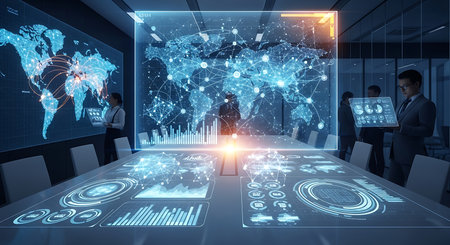 Illustration of futuristic meeting room with holographic display and world map projectionの素材