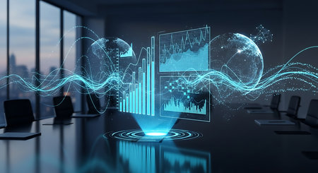 Illustration of data analysis hologram in modern office conference room with city viewの素材