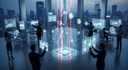 Illustration of business people using augmented reality interface in modern office buildingの素材