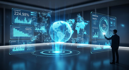 Illustration of businessman using futuristic interface with financial charts and world hologramの素材