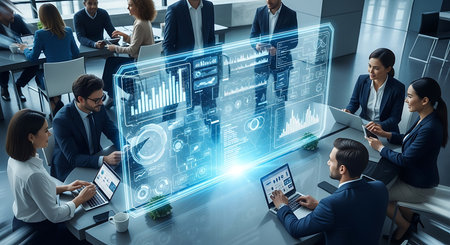 Illustration of business team meeting with virtual screen for data analysis and strategyの素材
